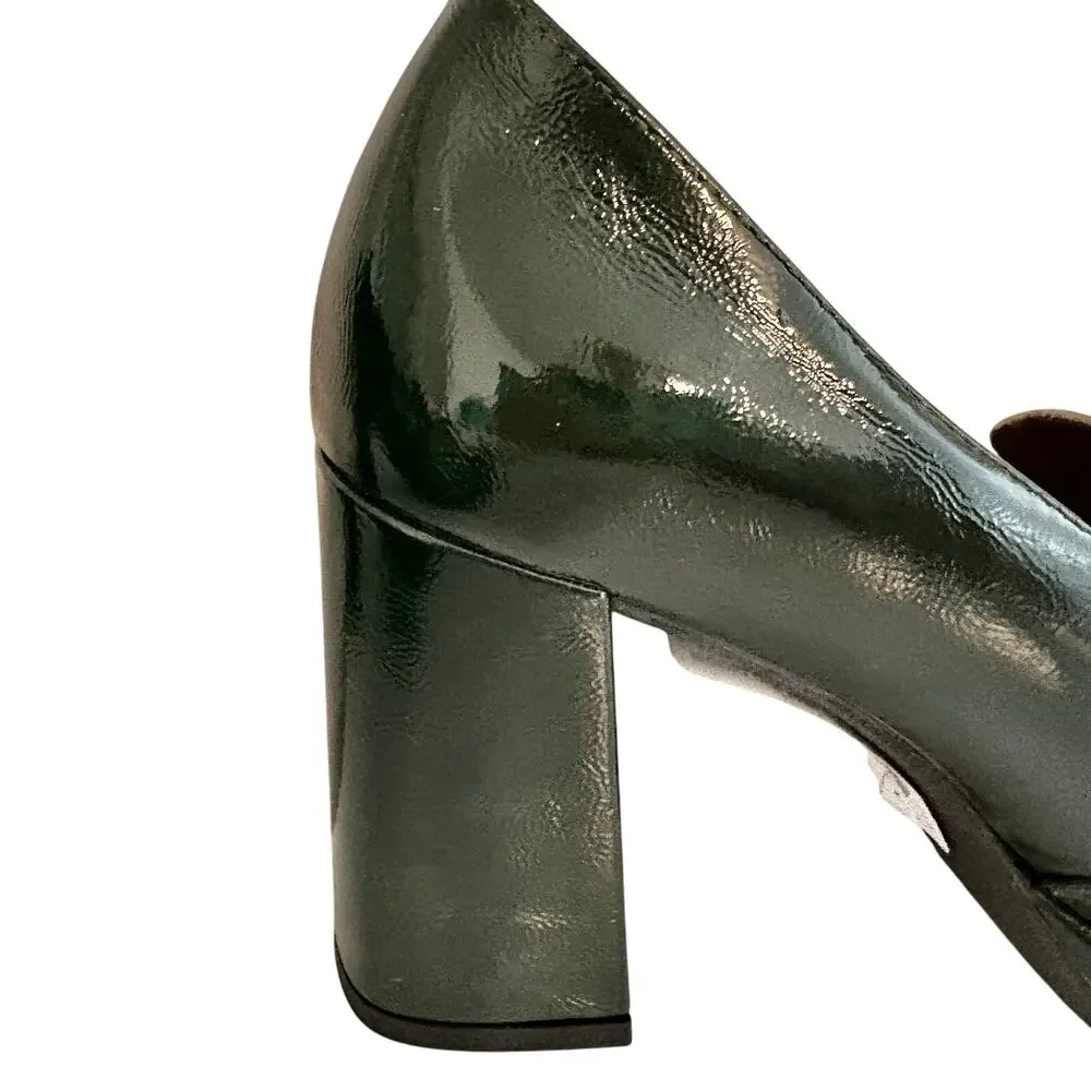 NWT Wonders Spain Forest Green Shiny Leather Penny Loafers Pumps Block Heel